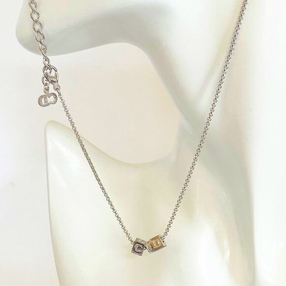DIOR Cube CD Logo Rhinestone Silver Tone Pendant Necklace - Picture 9 of 11